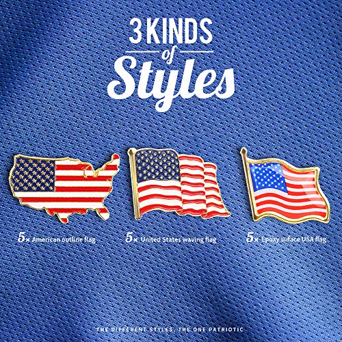 image for 15 Pack 3 Styles American Flag Lapel Pins, LEOBRO USA Flag Pins, Ename