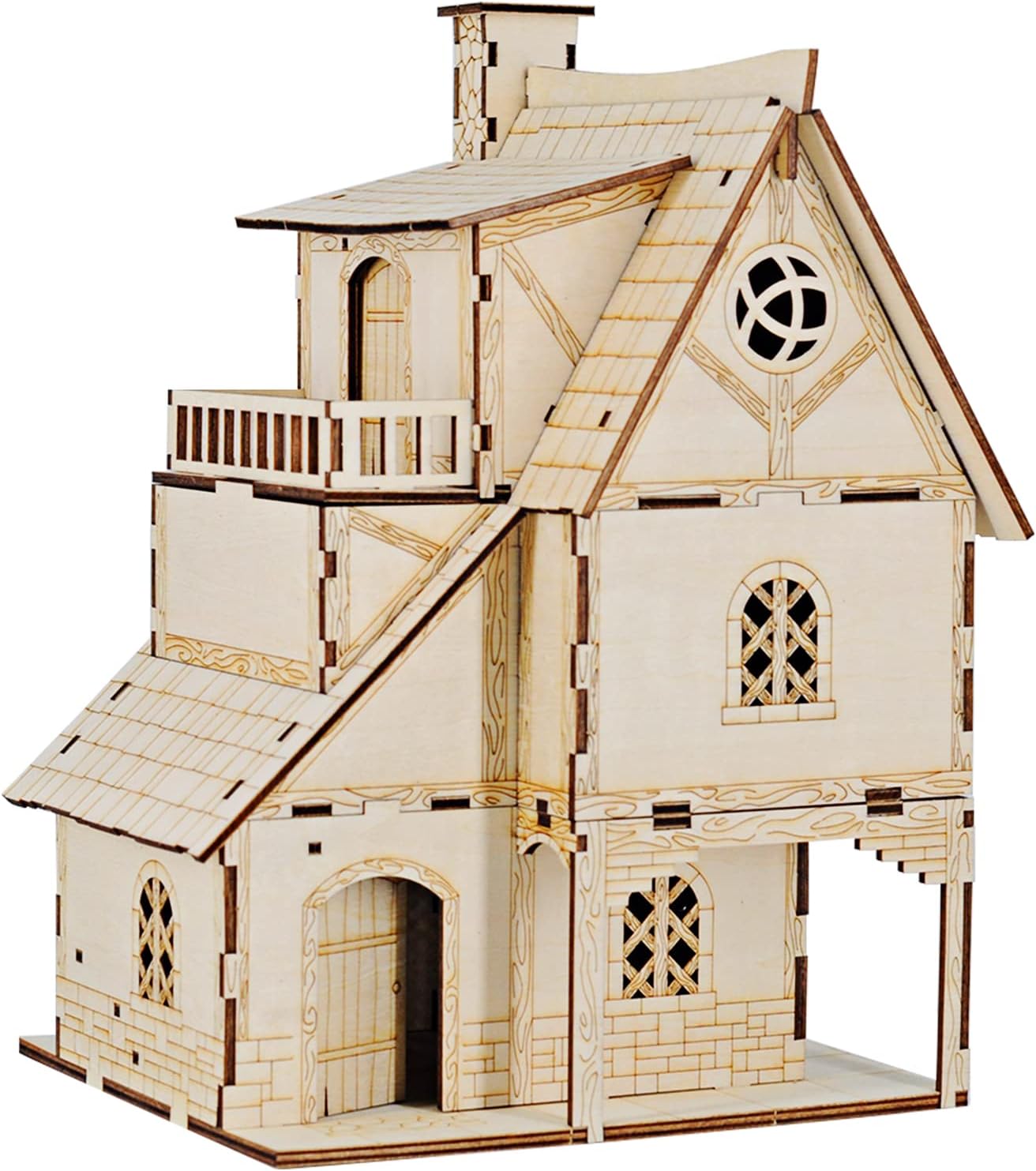 DND Medieval Three Story House with Balcony Wood Tabletop Terrain Fantasy Village Scatter for Dungeons and Dragons, Warhammer and Wargaming RPG Games