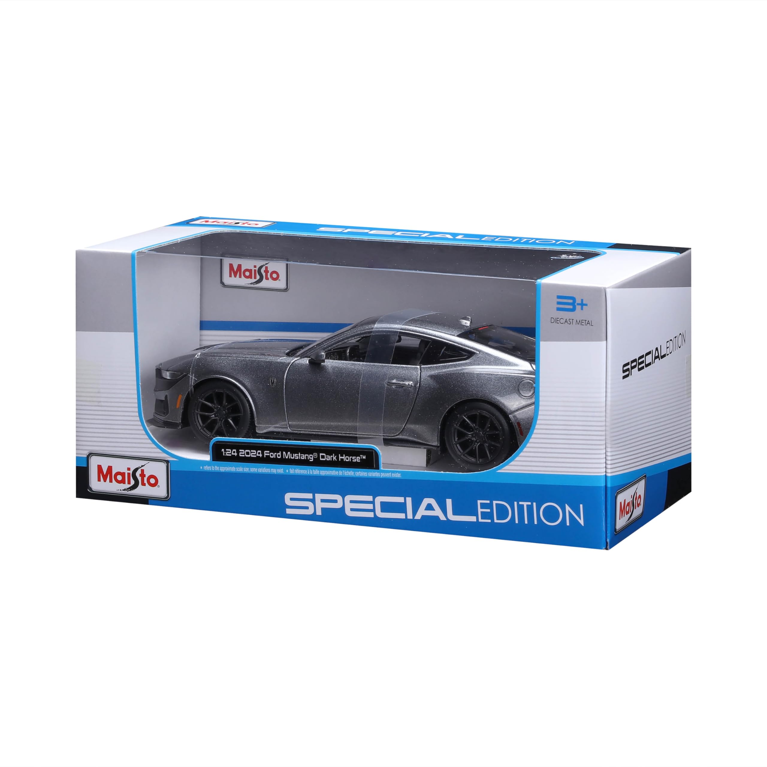 Maisto – Ford Mustang Dark Horse 2024 w skali 1:24, metalowy model samochodu w kolorze metalicznej szarości, szczegółowa replika z otwieranymi drzwiami i maską, oficjalna licencja Forda, 3+