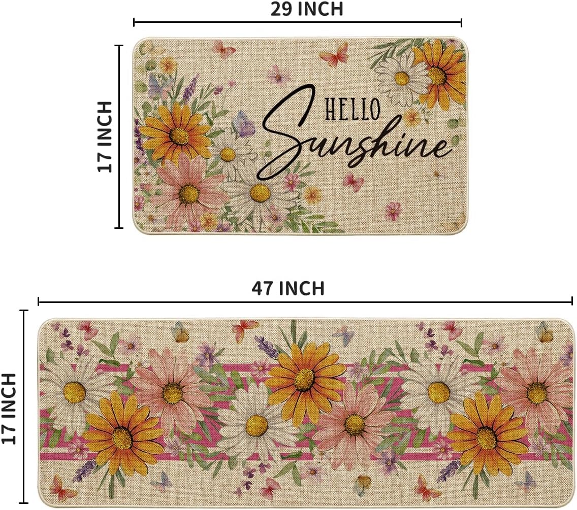 Artoid Mode Pink Daisy Flowers Hello Spring Kitchen Mats Set of 2, Home Decor Low-Profile Kitchen Rugs for Floor - 17x29 and 17x47 Inch