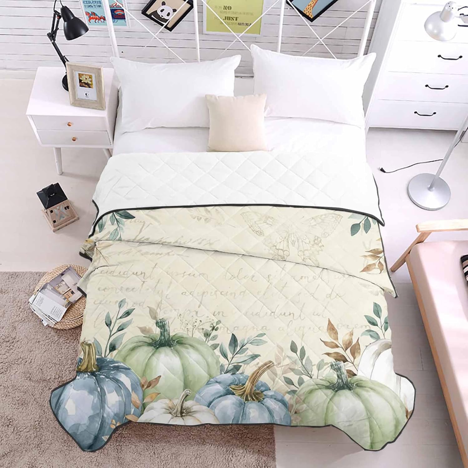T&H XHome Quilt Full Size Luxury Quilted Comforter Bedspread-Thin Soft Cozy, Fall Pumpkin Thanksgiving Eucalyptus Leaf Plant Reversible Stitched Lightweight Quilt Coverlet for All Season