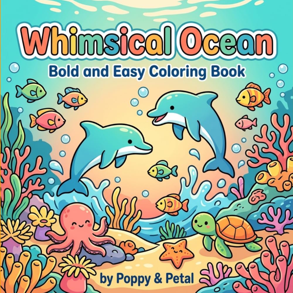Whimsical Ocean Coloring Book: Bold and Easy Designs Cute Sea Animals, Fish, Dolphins, Turtles and Underwater Scenes for Teens and Adults Relaxation