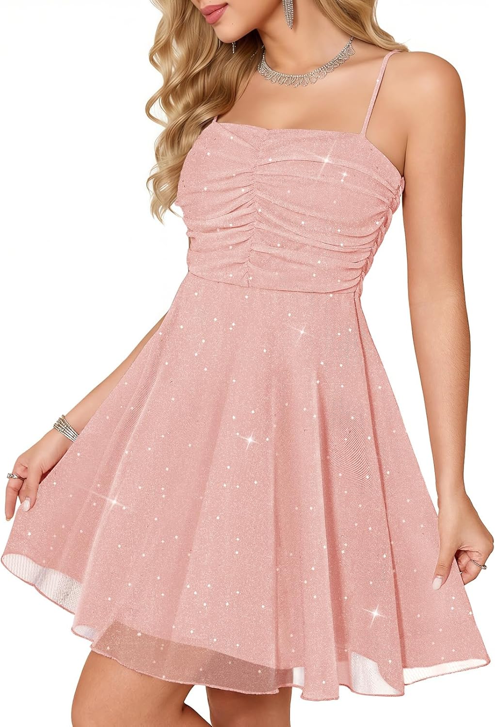 Meetjen Women's Sparkly Cocktail Dress A Line Ruched Tulle Sequin Short Prom Dresses for Teens 2026 Summer Party