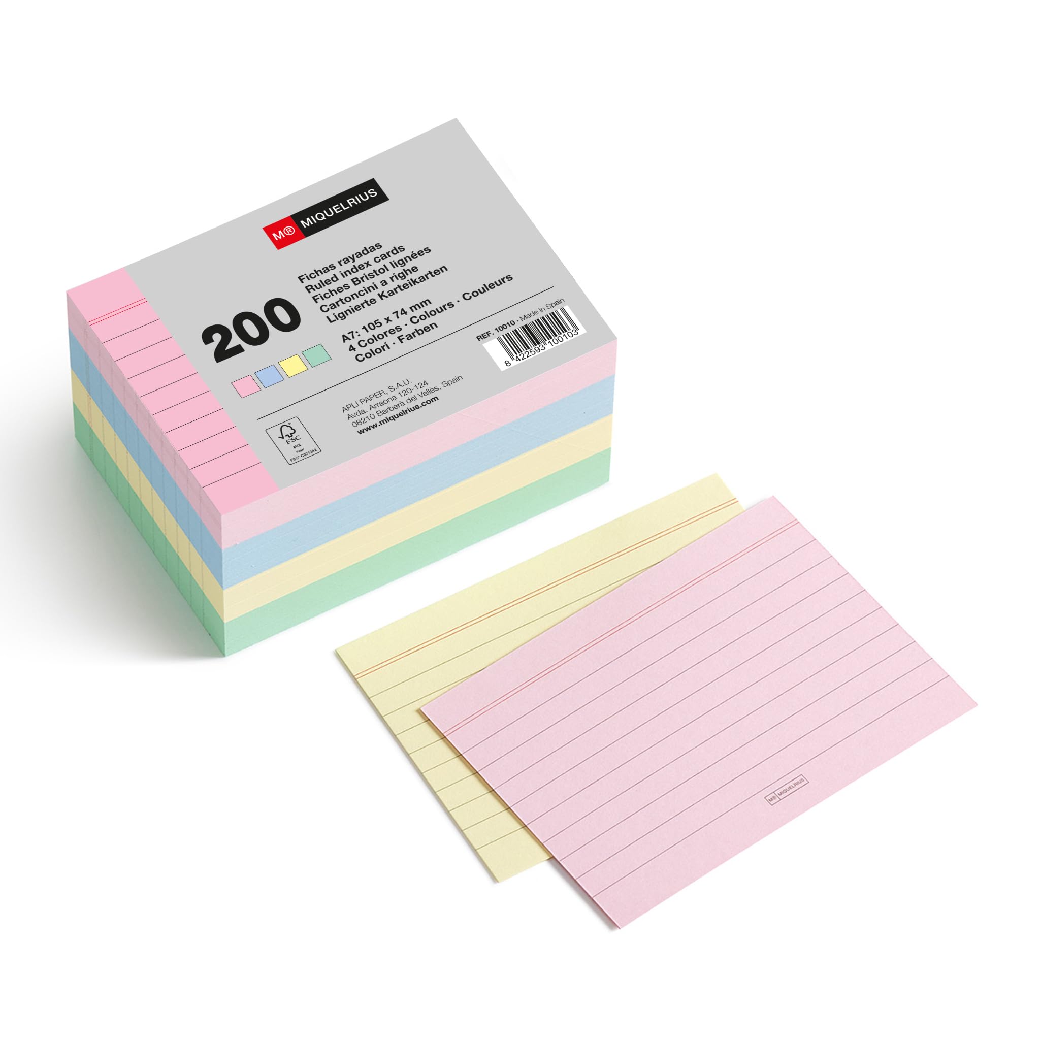 Miquelrius 200 Note Cards - Horizontal Ruled A7 Size 74x105mm 200gsm Offset Pastel