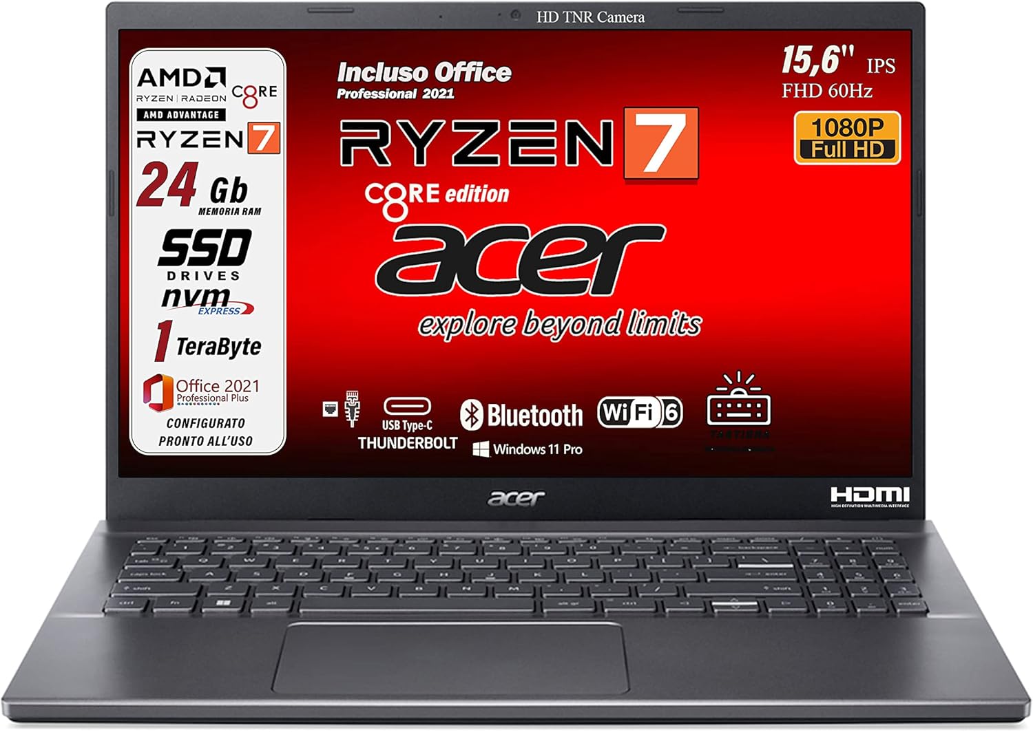 Acer Notebook portatile, Ryzen 7 5825u 8 CORE, RAM 24Gb, SSD da 1 TERA, Display 15,6 Full HD, tastiera retroilluminata, 4 usb, wi-fi 6, hdmi, lan, bt, Win 11 Pro, Suite Office, Preconfigurato