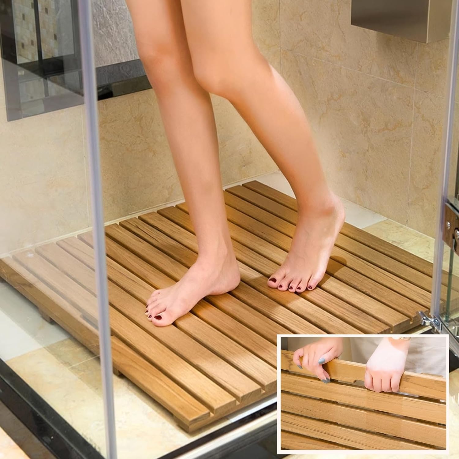 QWEASDF Non-Slip Water Resistant Shower Mat,Rectangular Wooden Bath Mat, Wood Duck Board Rectangular Bath Mat,Multipurpose Bathtub Mats,Non-Slip Door Mat, for Shower Tub(W85xL100cm/W33xL39in)