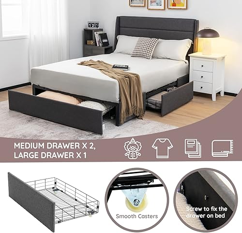 Miniatura 4 de Giantex Base de cama con 3 cajones, plataforma resistente de tamaño matrimonial con listones de madera, base de colchón con marco resistente, no