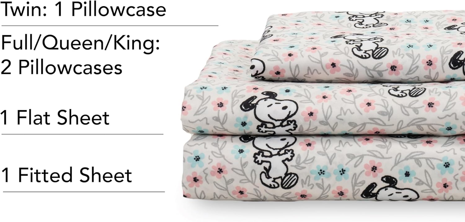 Berkshire Blanket Peanuts® Kids Sheet Set King Size - 4 Pieces,Cute Character Snoopy Printed Soft Microfiber Bed Sheets,Mini Snoopy Spring Floral Happy Dance Soft Grey
