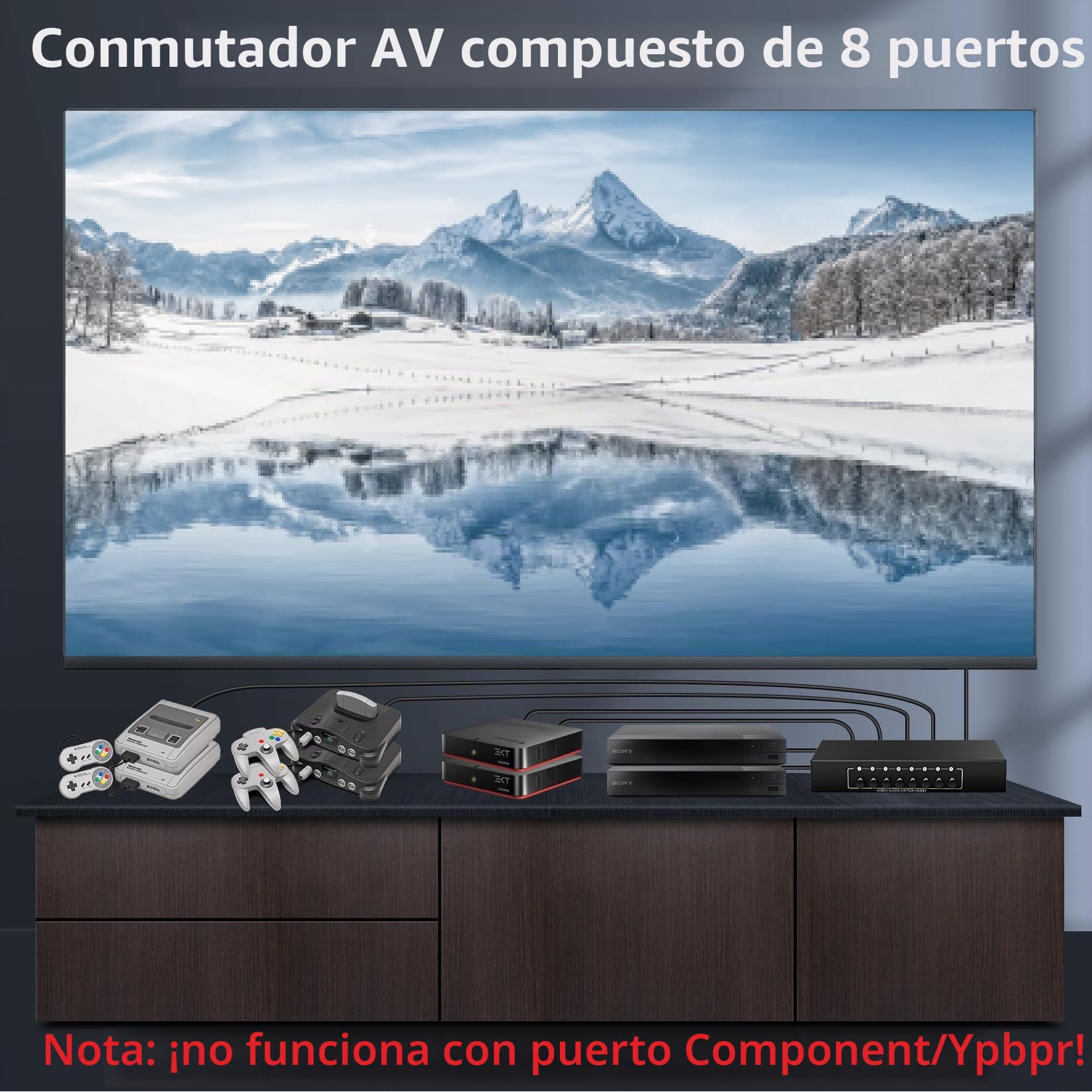 BolAAzuL Conmutador RCA 8 en 1 salida de video compuesto L/R caja selector de audio 8 x 1, conmutador RCA de 8 vías - Interruptor selector AV de 8 puertos - Plug & Play para Wii PS2 Xbox DVD STB HDTV