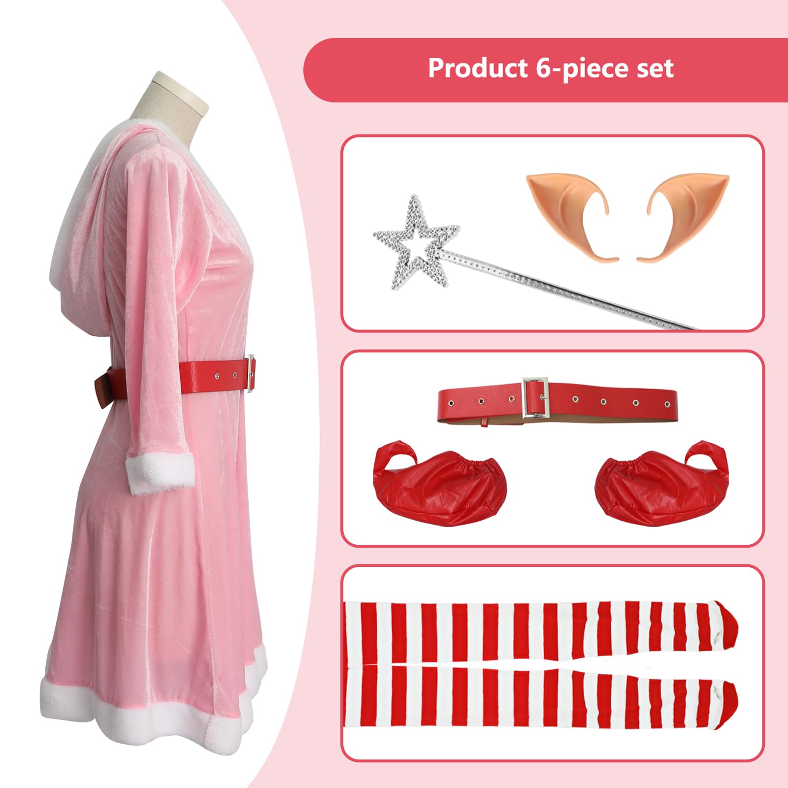 Costume d'elfe 6 pièces pour adulte, costume d'elfe rose de Noël pour femme, costume de Noël de costumade pour cadeau