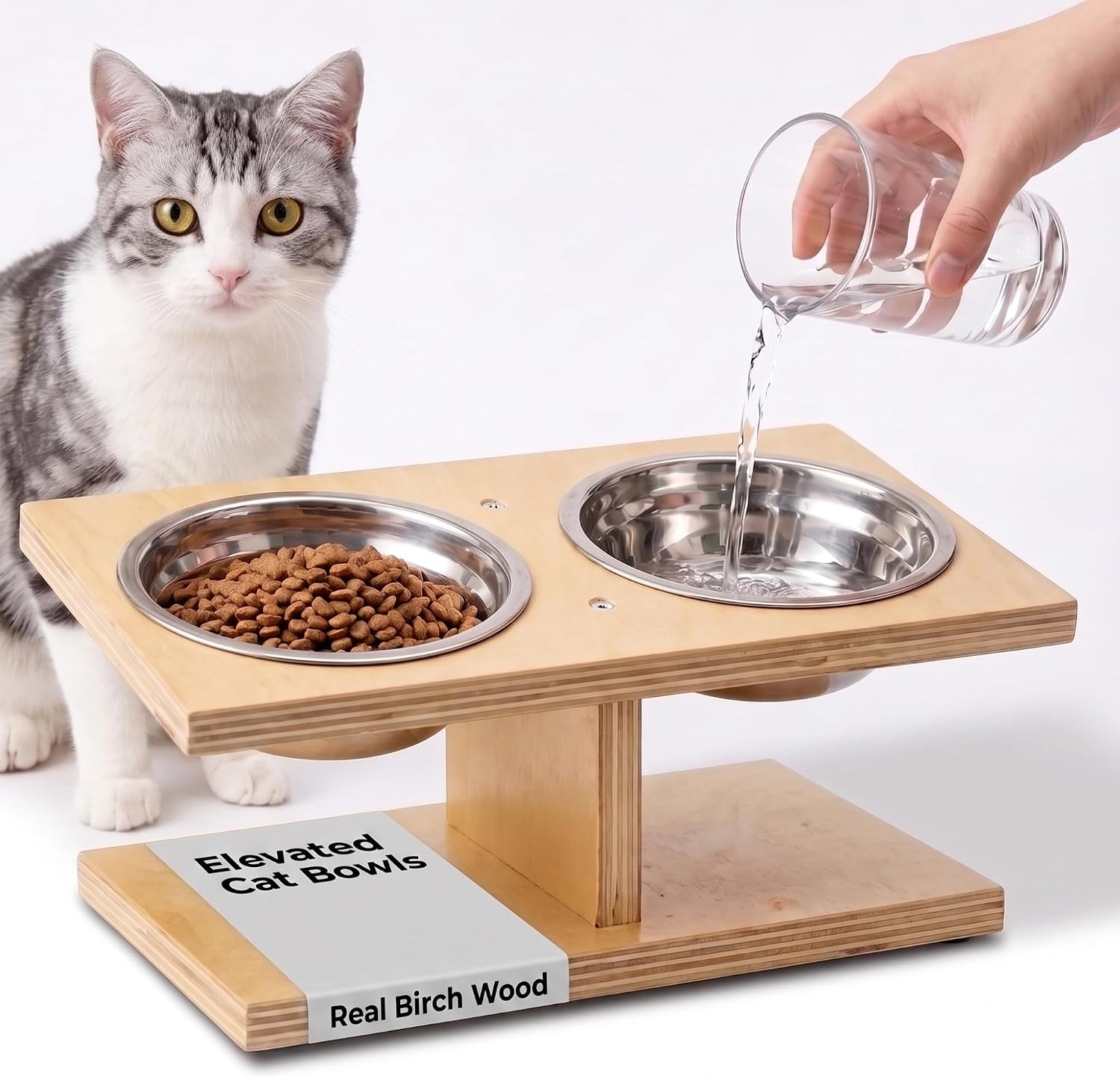 INICIO Elevated Cat Bowls, Raised Cat Food Stand, x2 Stainless Steel Bowls