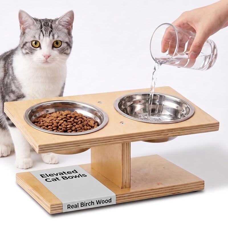 Pote elevado para gatos INICIO com suporte inclinado e 2 tigelas de aço inoxidável