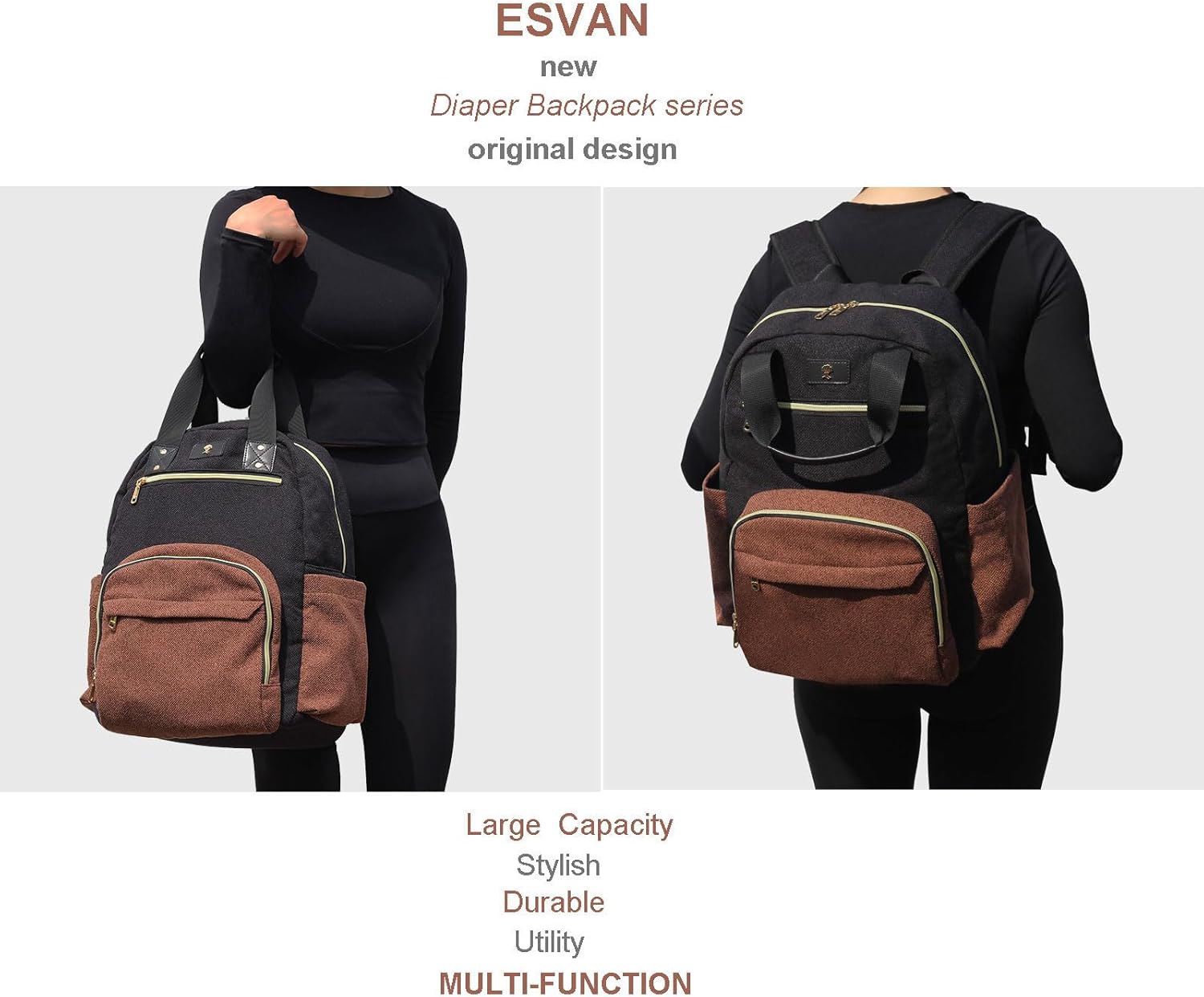 ESVAN Diaper Bag Backpack, Large Capacity Multifunction Baby Essentials Fashion Travel Pack Linen Canvas office Laptop Bag (Linen Brown)