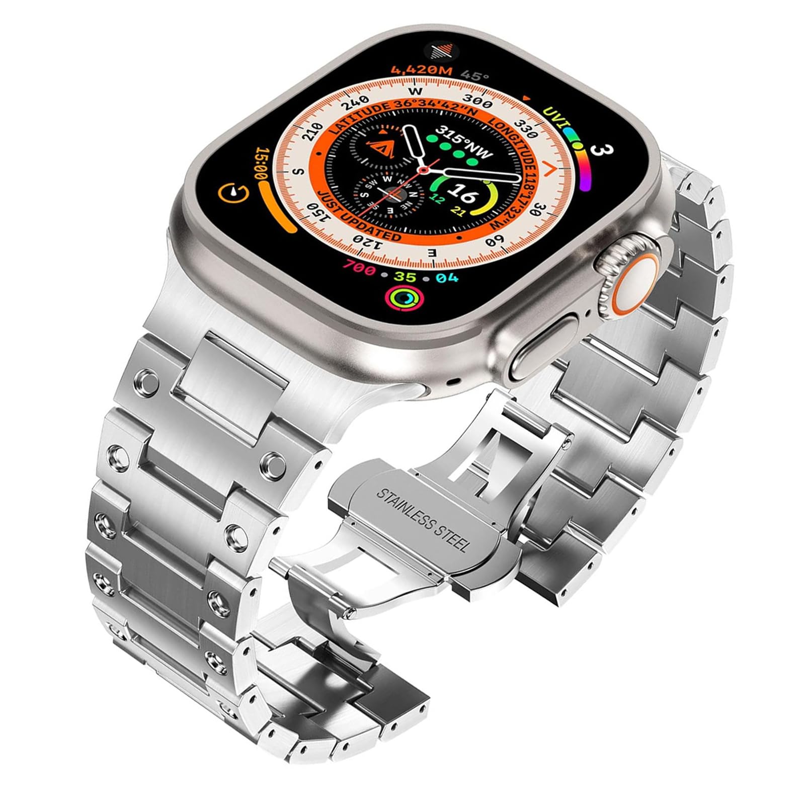 Pasek kompatybilny z zegarkiem Apple Watch 49 mm, 45 mm, 44 mm, 42 mm, 41 mm, 40 mm, 38 mm, metalowy regulowany pasek biznesowy ze stali nierdzewnej do iWatch Ultra 1, 2, serii 9, 8, 7, 6,