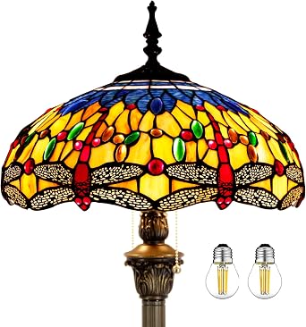 WERFACTORY Tiffany Floor Lamp 64 Inch Stained Glass Standing Reading Light | 16X16X64 Inches Blue Yellow Dragonfly Antique Pole Corner Lamp Decor Bedroom Living Room Home Office S168 Series