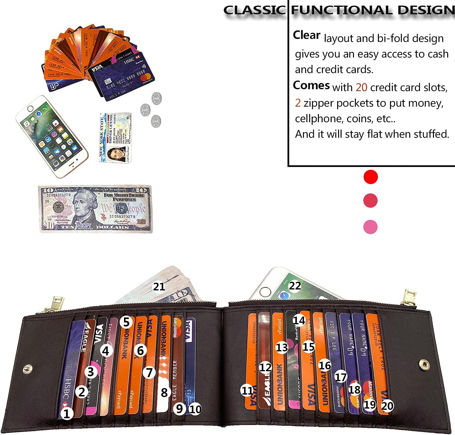 ehsbuy Genuine Leather Credit Card Holder Wallet for Women Bifold Large Card Purses RFID Blocking Ladies Phone Wallet with Zipper Pocket - Image 4