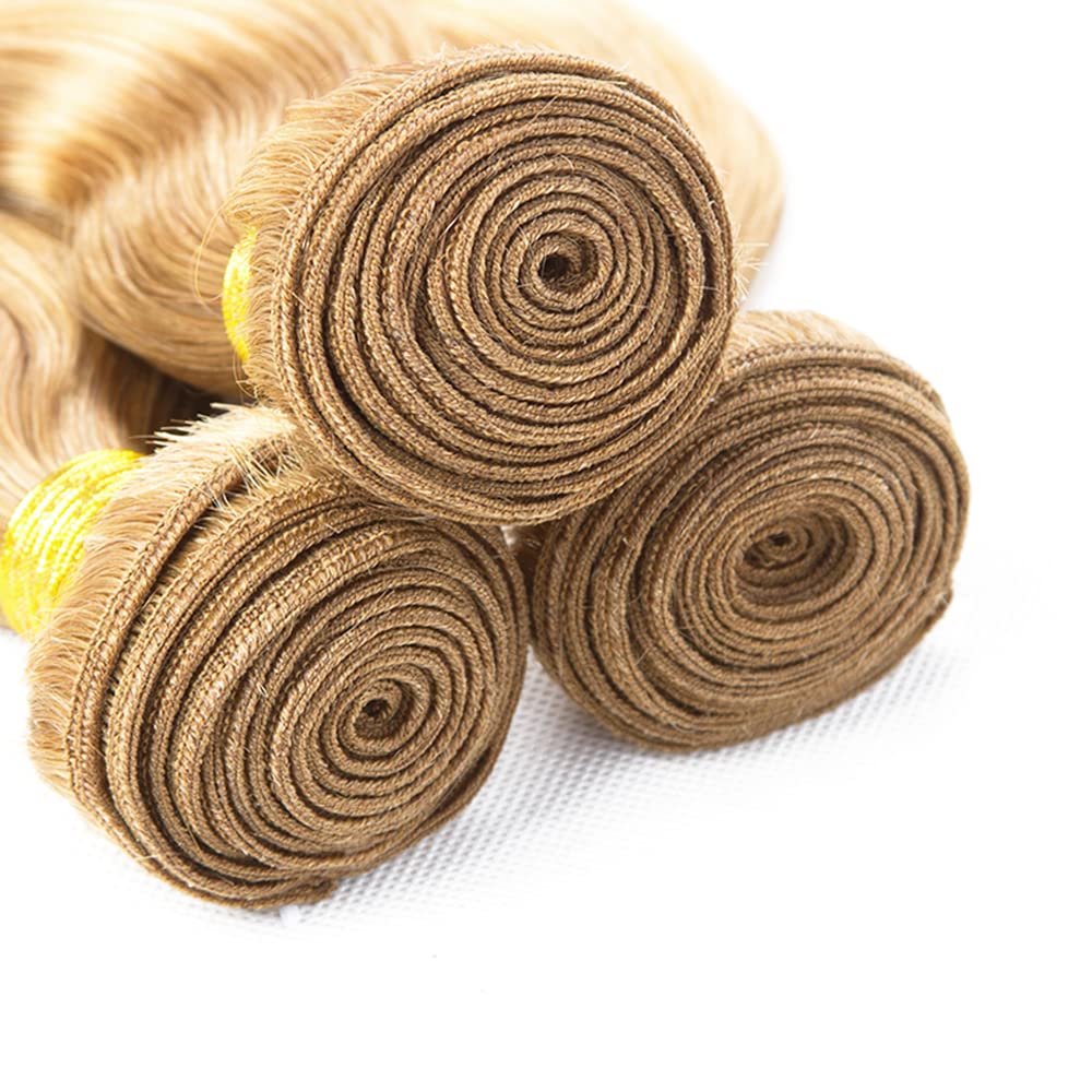 P27/613 Honey Blonde Bundles Deep Wave Bundles Human Hair 28 30 32 Inch 3 Bundles Human Hair Unprocessed Brazilian Virgin Weave Hairs Highlight Blonde Extensions 50 Gram Per Bundle