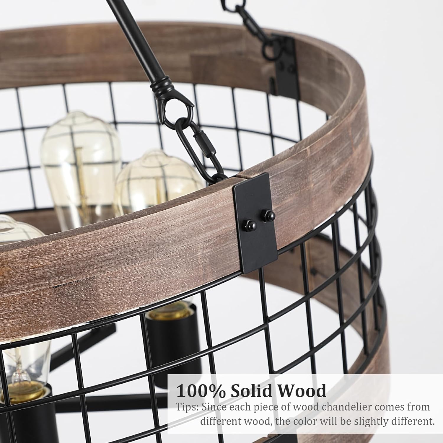 Close-up of the LamQee farmhouse chandelier showing the solid wood frame and metal grid