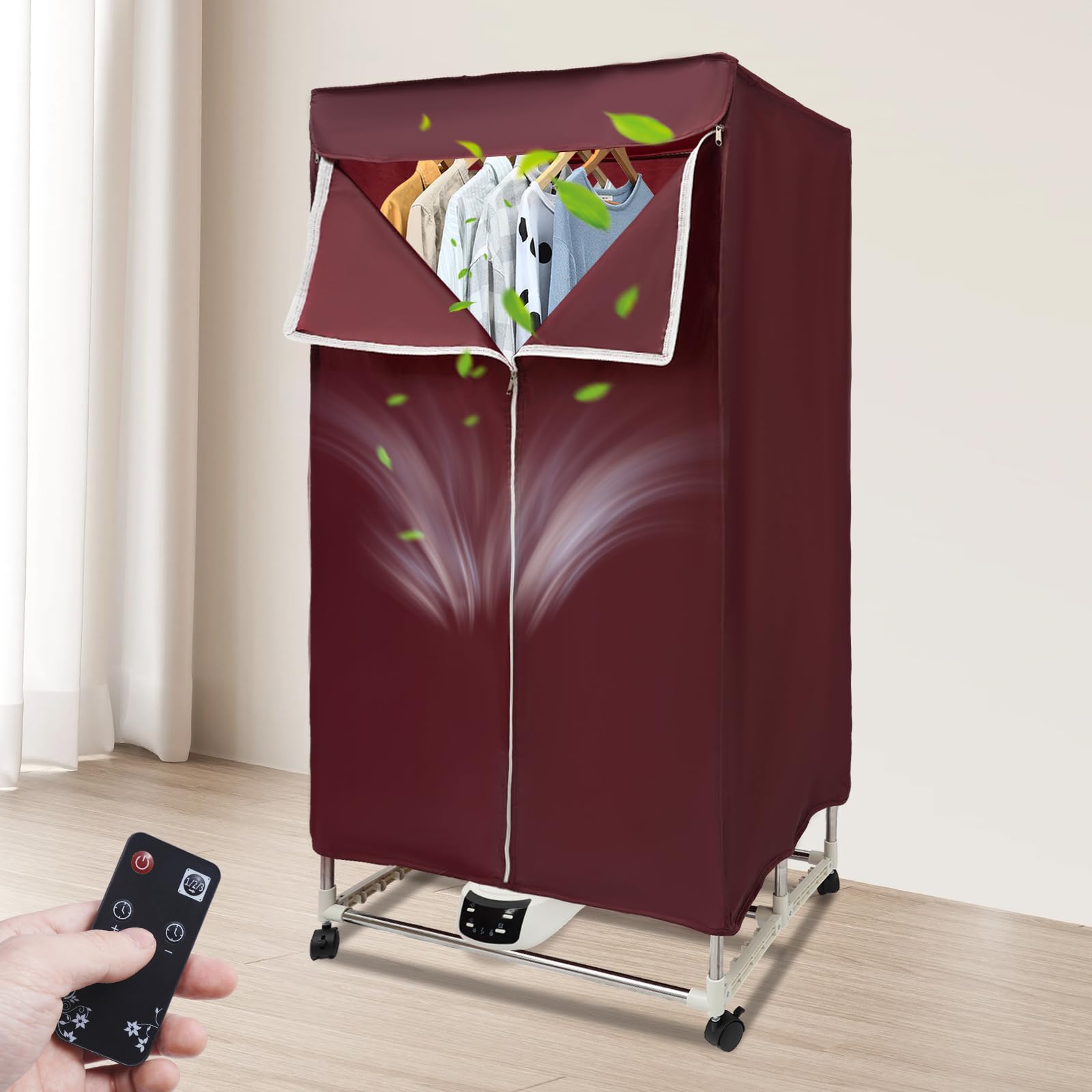 Sèche-linge à condensation, armoire à pneus, 1200-1500 W, télécommande pliable, convient pour la maison, les vacances et l'utilisation par temps humide (bordeaux)