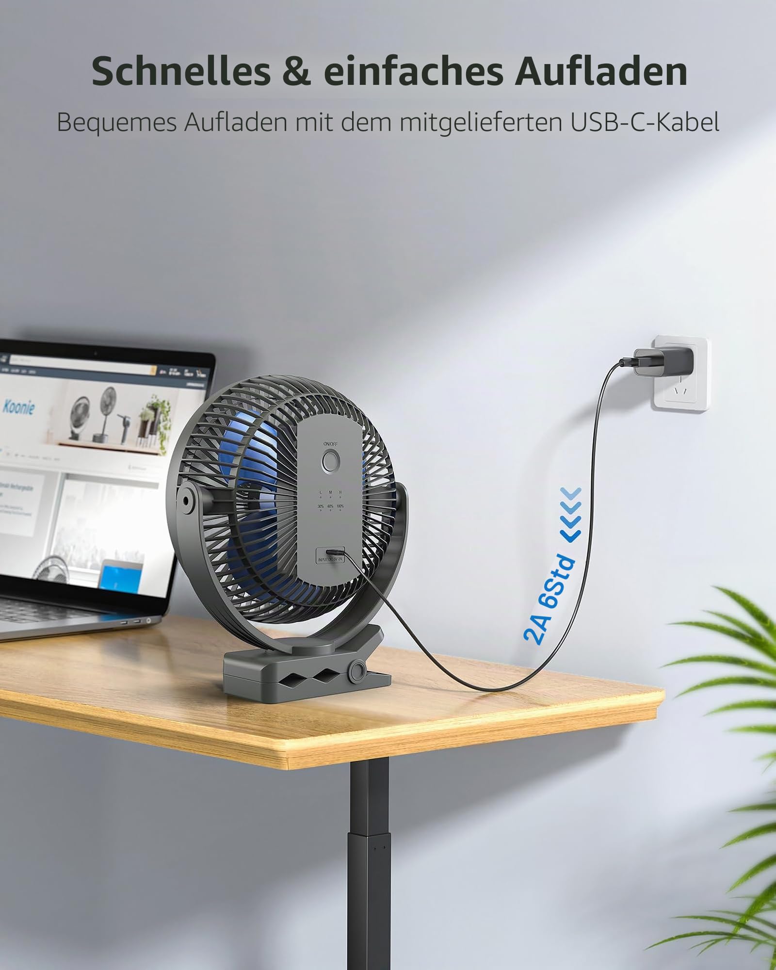 Koonie USB Clip Ventilator 10000mAh 20cm Tischventilator 4 Geschwindigkeiten 360° Drehung Leise Wandventilator