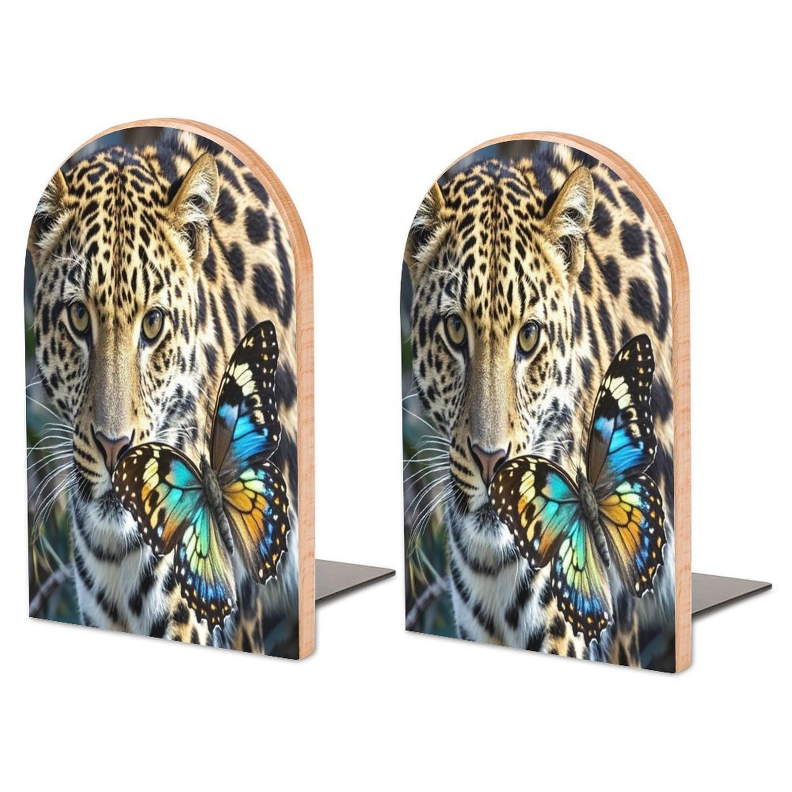 Sujetalibros decorativos de madera de leopardo, tope de libros metálico antideslizante