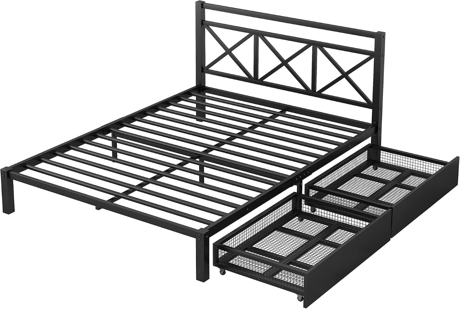 Bellemave Queen Bed Frame with 2 Storage Drawers, Queen Size Metal Platform Bed with Headboard, Noise-Free, No Box Spring Needed, Black, Black With Drawers