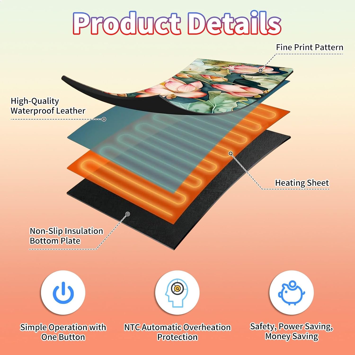 Heated Desk Pad Large Mouse Pad 31.5 x 13 inch with 3 Levels Heating & Auto Shut-Off Warm Mouse pad PU Leather Computer Mousepad for Home Office Work - Lotus Flower and Lotus Leaf image 3