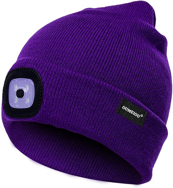 Oumeiou New Warm Bright LED Lighted Beanie Cap Unisex Rechargeable Headlamp Hat Multi-Color