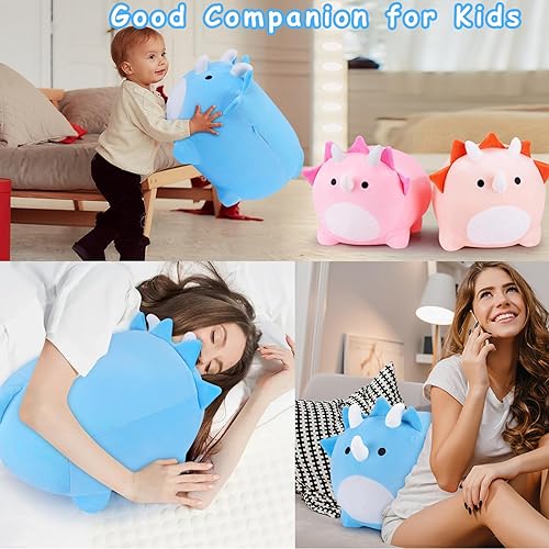 Miniatura 6 de Auspicious beginning Almohadas de felpa de dinosaurio de 20 pulgadas, animales de peluche de dinosaurio azul, lindas almohadas de felpa de