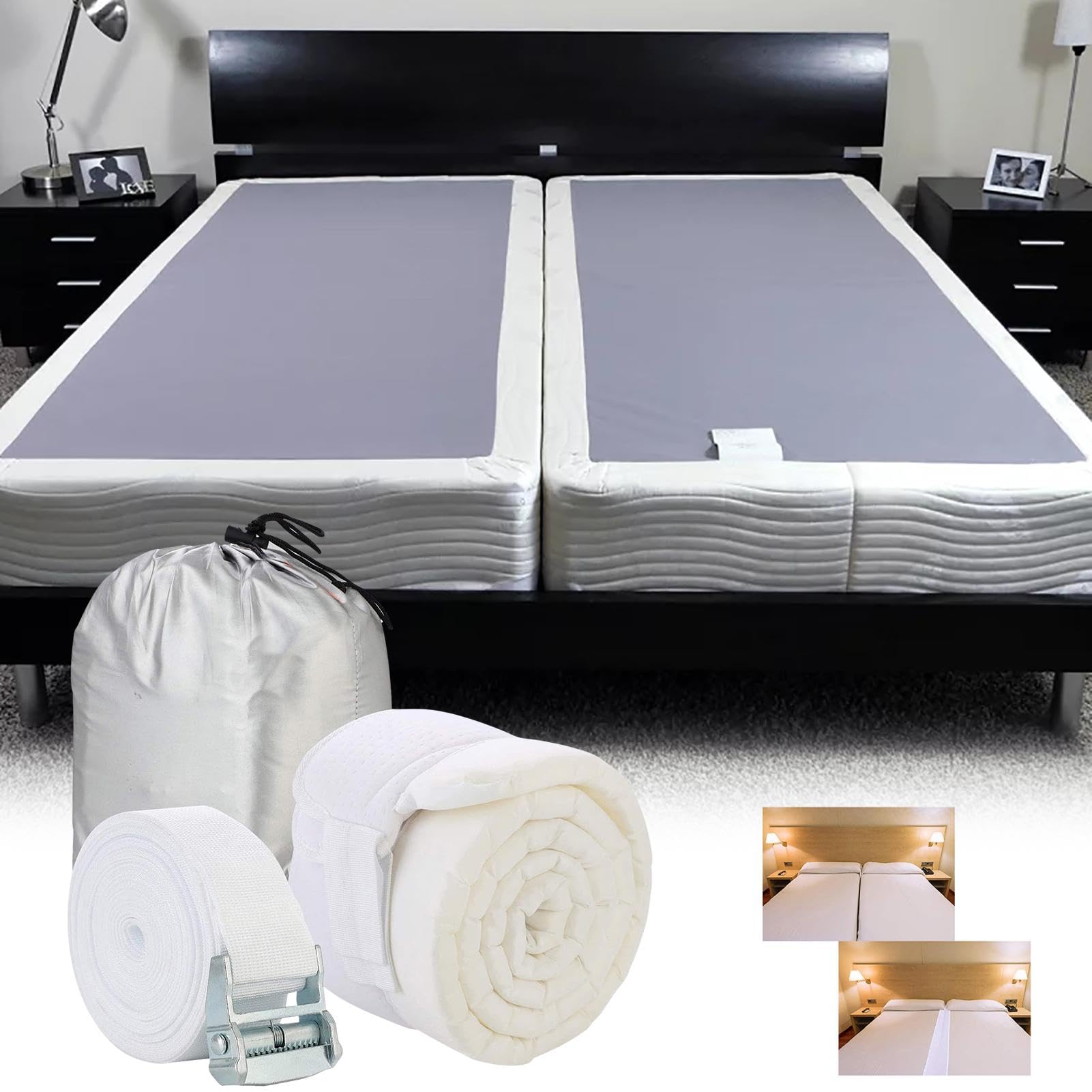 Kit de conion Bed Bridge Twin King - Conector de colchón con correa - Relleno extra y - Conector de cama ajustable y cómodo - Bolsa de almacenamiento incluida