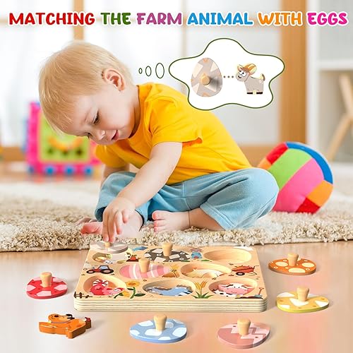 Miniatura 2 de Rompecabezas de madera para niños pequeños, 8 piezas de animales de granja a juego, juguetes Montessori para niños y niñas, regalos de cumpleaños de