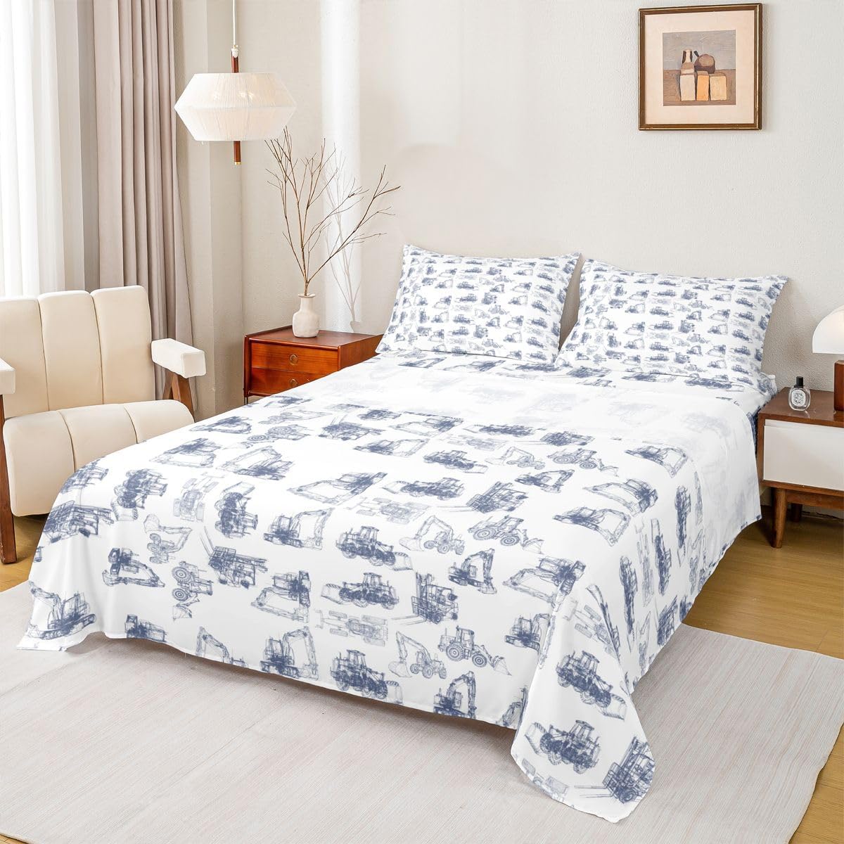 Feelyou Construction Sheet Set Queen Size Kids Equipment Trucks Sheets with Deep Pocket Fitted Sheet Cartoon Car Excavator Tractor Bed Sheets Set Construction Vehicles Blue Bedding Set Room Decor