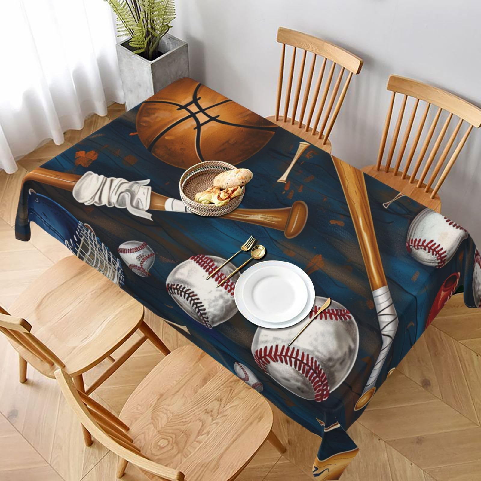WPKJU Baseball Basketball Football Hockey Printed Tablecloth 60x90 in Water Resistant Table Cover Washable Rectangle Table Cloth for Dining Tables