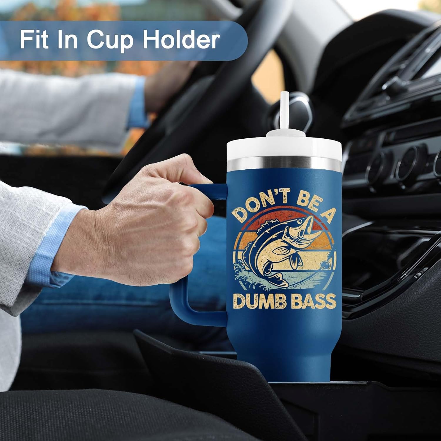 Fishing Gifts for Men Dad Fisherman- Fishing Stuff for Men, 40oz Travel Cup Insulated Tumbler with Handle & Straw