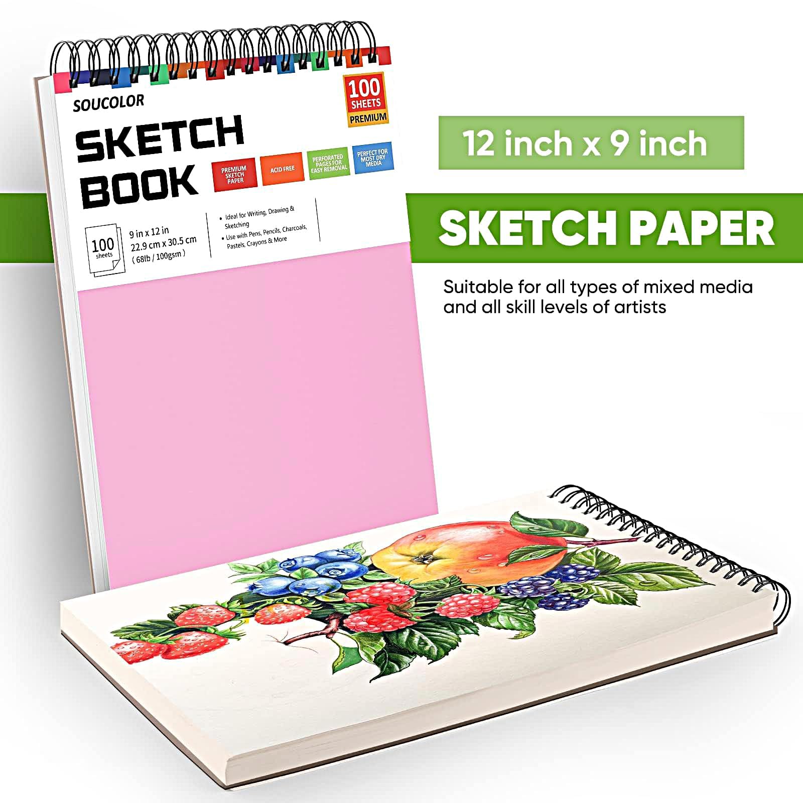 Soucolor Simpatico album da disegno, 22,9 x 30,5 cm, per donne, 1 confezione da 100 fogli a spirale, forniture artistiche pastello per artisti, set regalo per adulti