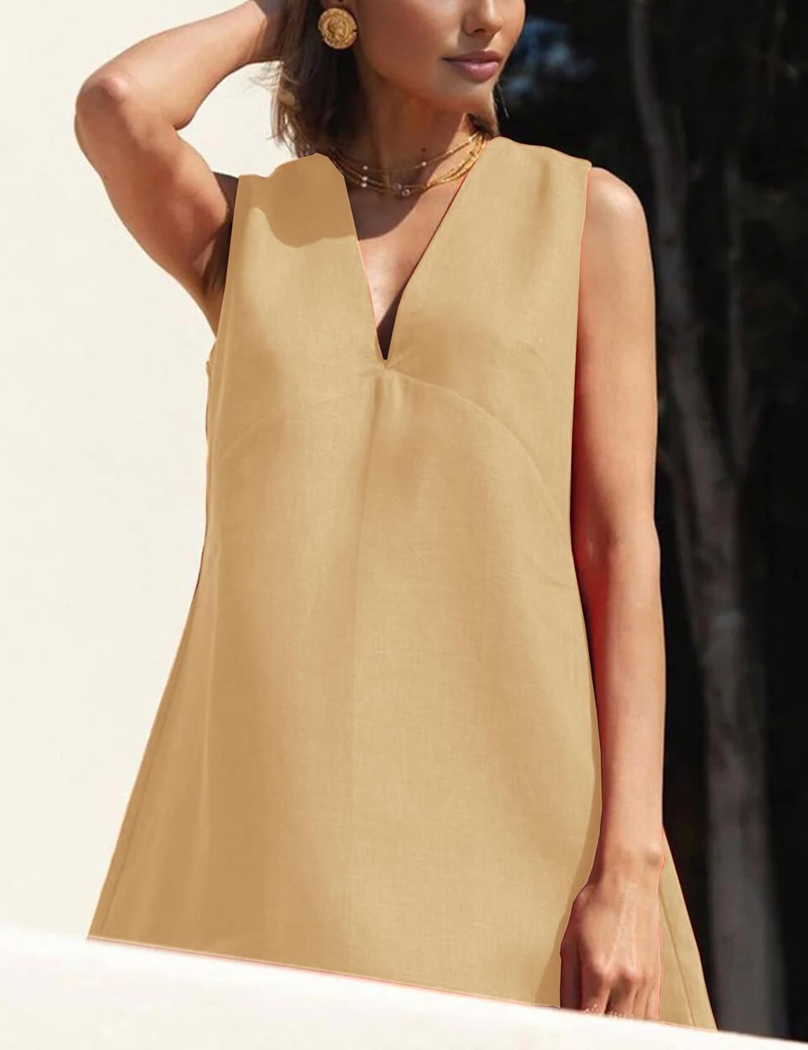 Womens Summer Cotton Linen V Neck Short Dress Sleeveless Mini Dress Casual A Line Sundress Yellow-Large - Image 3