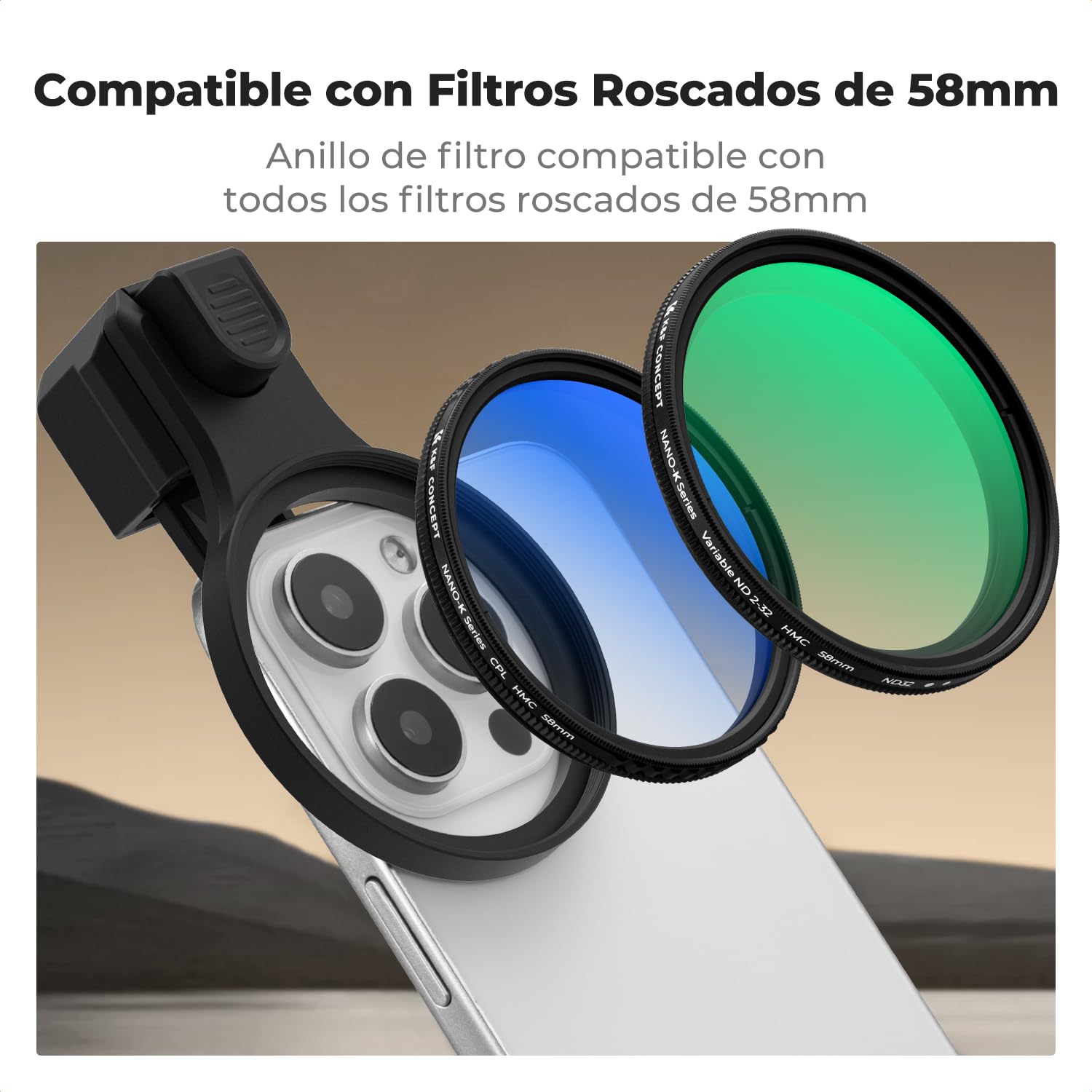 K&F CONCEPT 58mm Kit de Filtros para Teléfono ND2-32, Filtro de Densidad Neutra Multicapa, Compatible con iPhone 17/16/15/14/13/12, 16/15/14/13/12 Pro y Pro MAX, Samsung