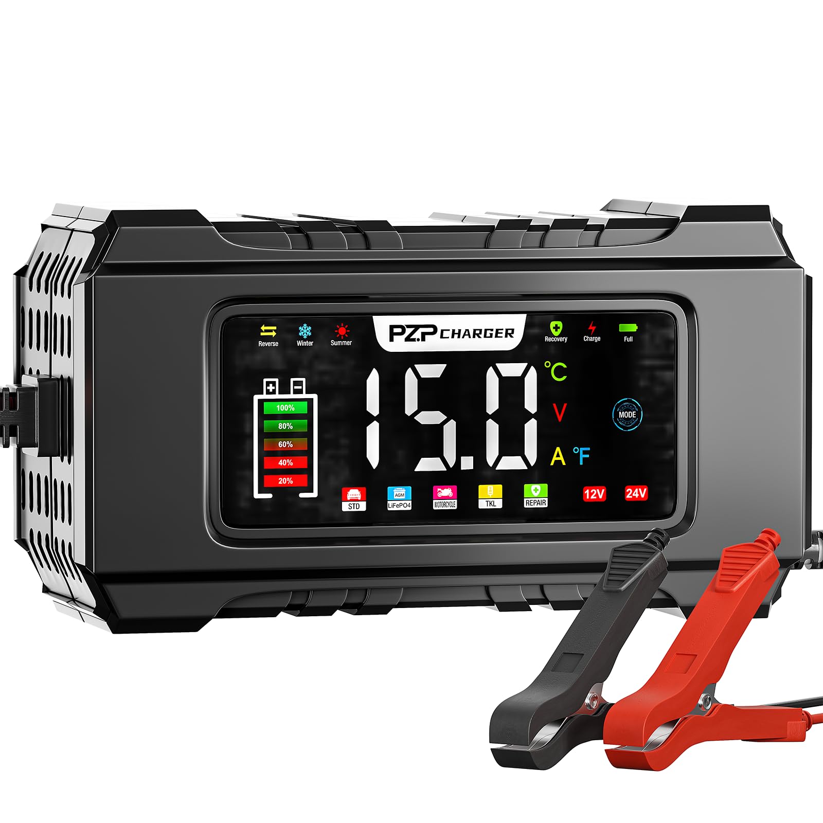 PZP 15-Amp 12V/24V Smart Battery Charger, Maintainer & Trickle Charger for LiFePO4, Lead Acid Batteries - Fully Automatic 9-Stage Charging w/Temp Compensation for Motorcycle Car Truck Lawnmower Boat