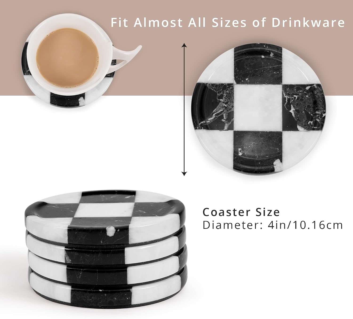 Marble Coasters Set of 4, Zebra Black & White Handmade 4 inch Round Checkered Stone Coaster, Drink Coaster Plates for Living Room, Trendy Office Desk Accessories & Home Décor