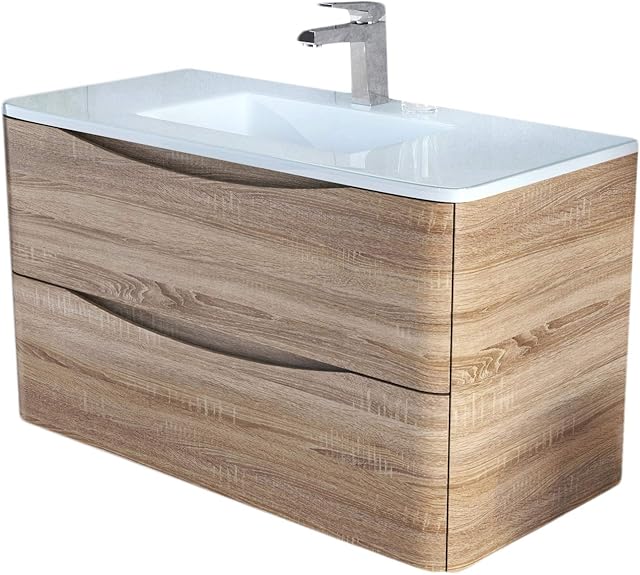 The Bath People Eaton Light Ash Bathroom Furniture Wall Hung Mounted Vanity Unit Soft Close Drawers With White Glass Basin- 900mm