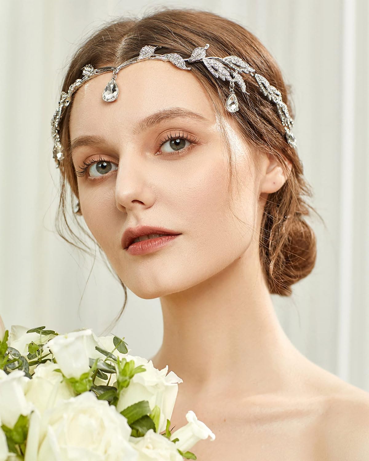 1 pieza Tiara de Boda Novia Hojas, Cristal Rhinestone Tiara Corona, Pieza de pelo de hoja de cristal para mujer para el Pelo - Plata — view 5