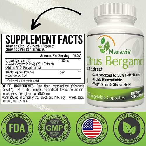 Miniatura 3 de Naravis Extracto de bergamota cítrica - 180 cápsulas - Extracto 251 - 50% polifenoles - Pimienta negra para una mayor absorción - Suplemento de