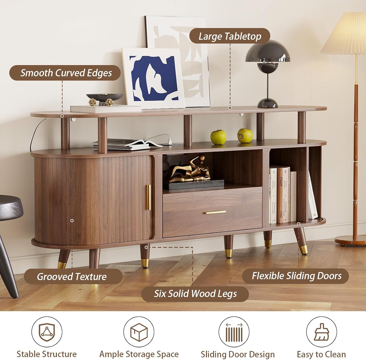 Wooden Fluted TV Stand,Home Entertainment Center,with One Drawer and Two Sliding Doors,Metal Handles,Solid Wood Legs,Suitable for Living Room and Bedroom. (TV Stand-Walnut-02)