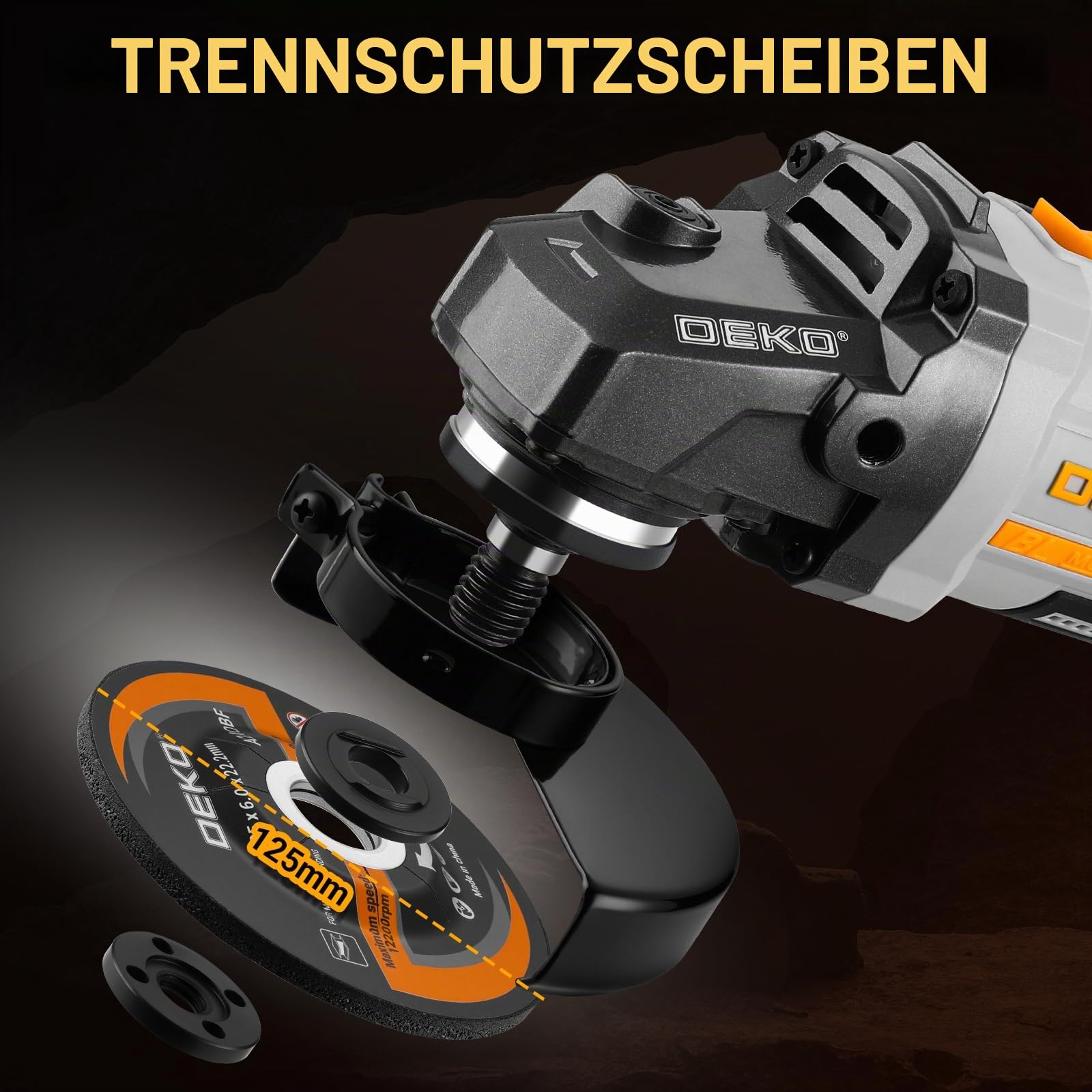 Akku-Winkelschleifer 20V Ø 125mm: DEKOPRO Schleifer mit 4.0Ah Akku, bürstenloser Motor, 8500RPM – inkl. 2 Schleif-, 1 Trennscheiben, 2 Schutzhauben, Akku & Ladegerät für Trennen Schleifen Polieren