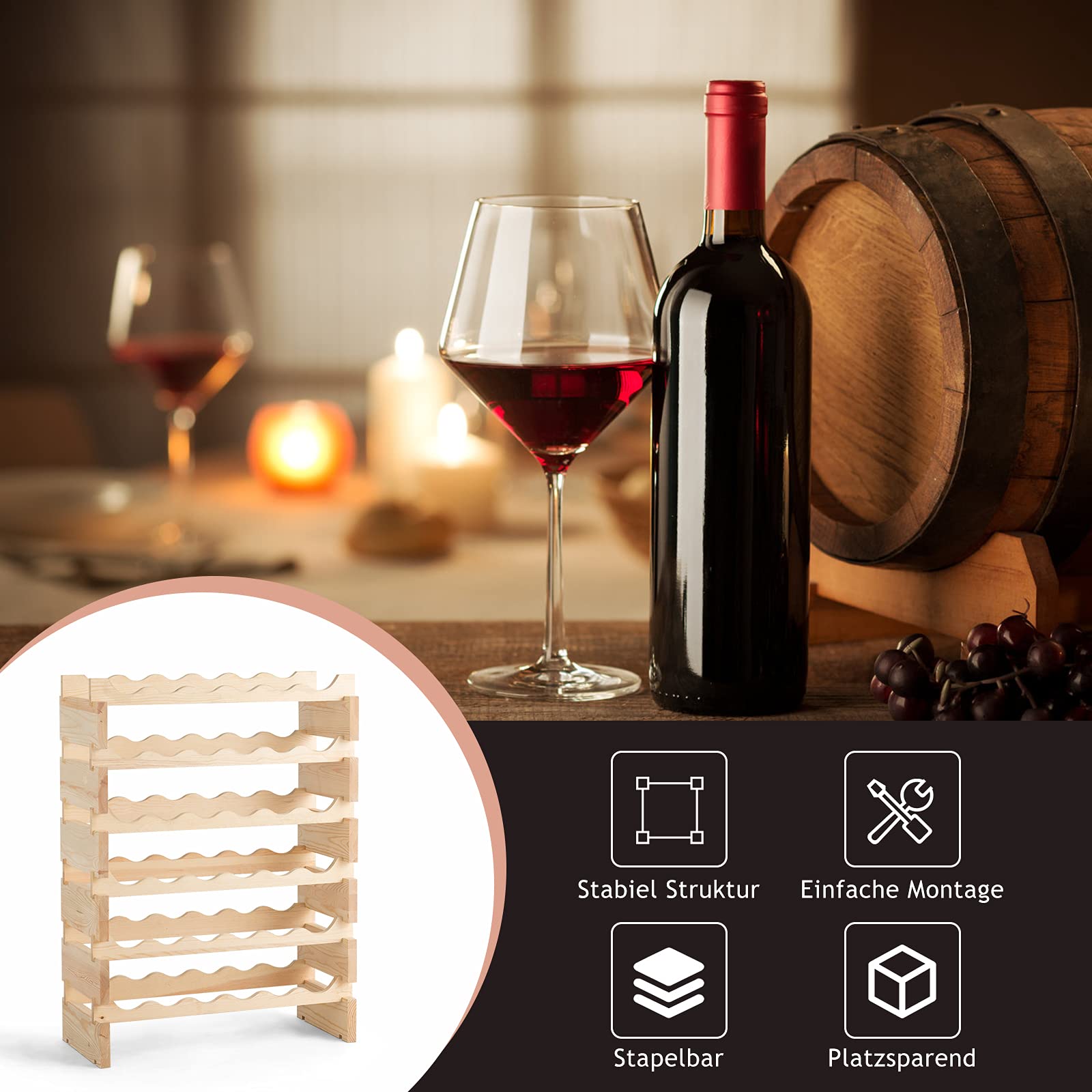 GOPLUS Weinregal Holz stapelbar, Flaschenregal für 36 Flaschen, Weinflaschenregal Weinständer mit 6 Fächern, Wine Rack Weinhalter für Keller Bar Lagerraum, 63 x 28 x 85 cm, Natur