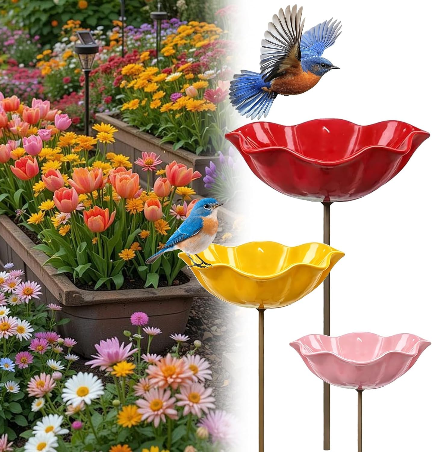 2026 New Handmade Metal Flower Garden Stake Bird Bath, Butterfly Bee Water Feeder with Flower Design, Colorful Outdoor Bird Bath Bowl for Yard, Lawn & Patio Decor (A)