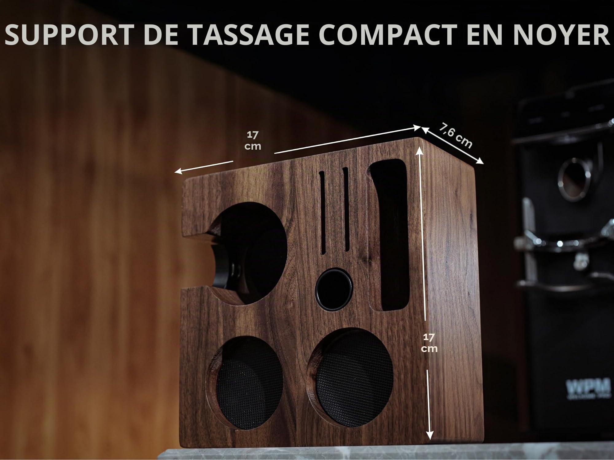 Station de tampage V3 pour expresso 54 mm – Support porte-filtre en noyer pour machines à sauge/breville avec porte-tamper, fente distributeur et rangement multi-accessoires
