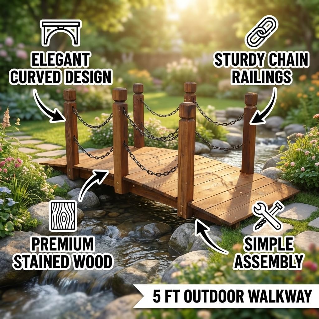 5 Garden Bridges for Outdoors FT Wooden Garden Bridge, Stained Wood Arc Footbridge with Chain Railings, Decorative Pond Crossing for Backyard Creek Farm Landscaping, Garden Bridge