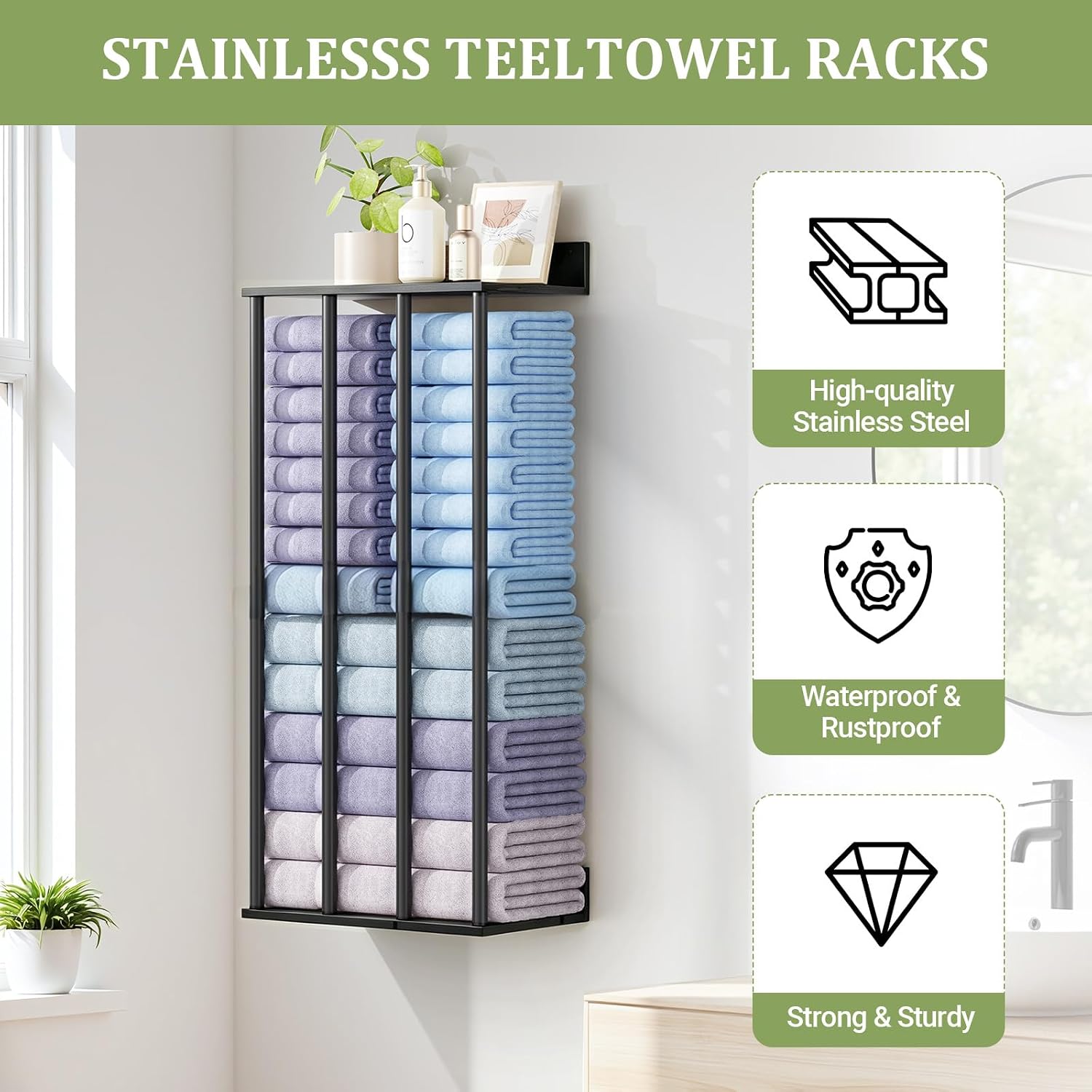 Large Capacity Two-Layer Widened Towel Racks for Bathroom Wall Mounted, Updated 4 Bar Bath Towel Holder for Bathroom, Bath Towel Rack for Wall Mount, Metal Small Bathrooms Towel Storage Rack, Black