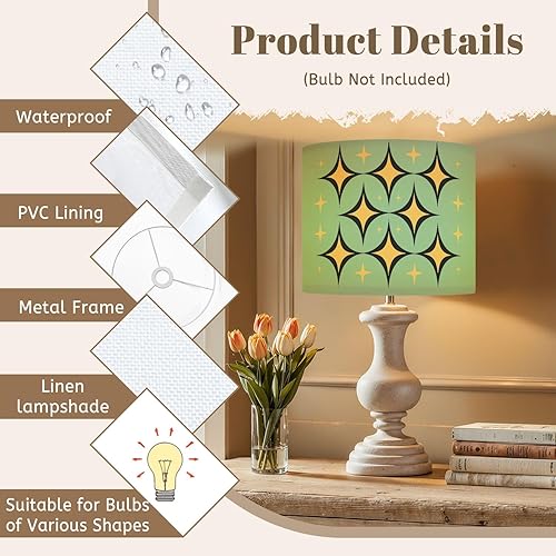 Miniatura 3 de Drum Lampshade Mid Century Vintage 1950s Modern Retro Geometric Lattice Star Motifs Medium Lamp Shade Replacement Linen Fabric Lampshades for